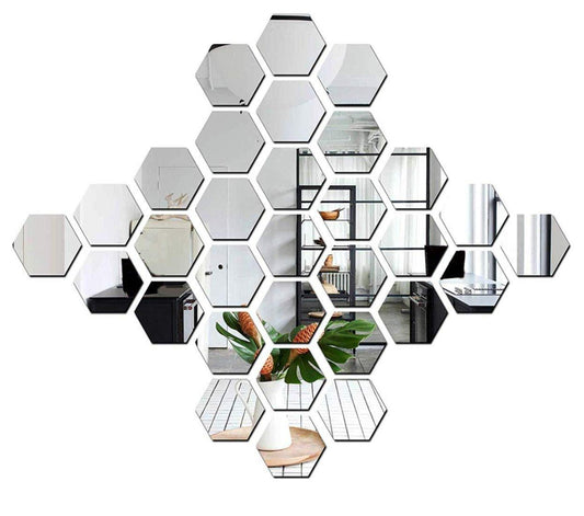 Mirror Stickers For Wall - Pack Of 32 Hexagon Silver Color Flexible Mirror